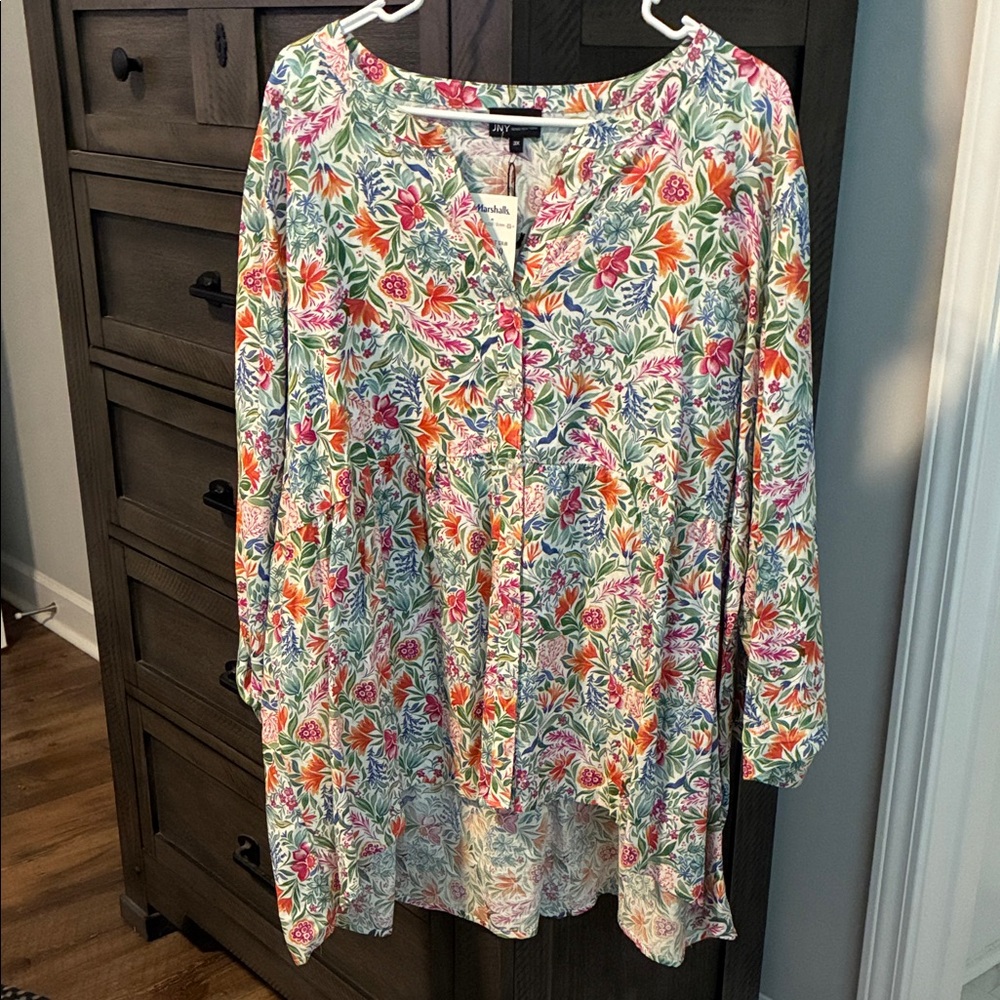 Jones New York Floral Button-Front Tunic - White, Pink, Orange, Green, Blue